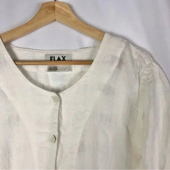 Flax Off White Linen Short Sleeve Button Down M - Picture 3 of 4
